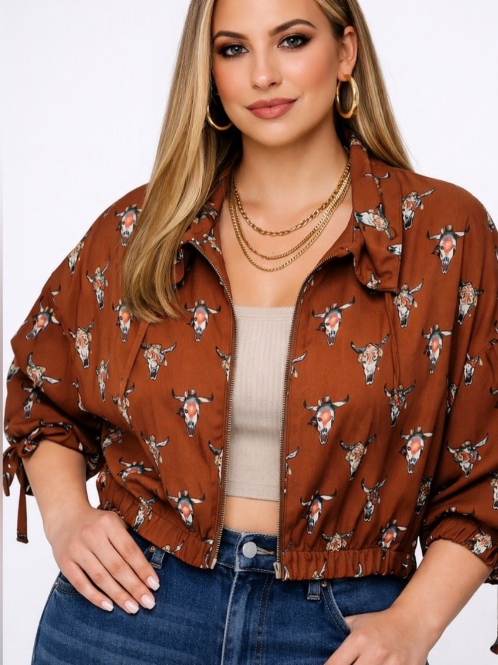 Roper Cowskulls Print Bomber Style Jacket Brown & Blue XL